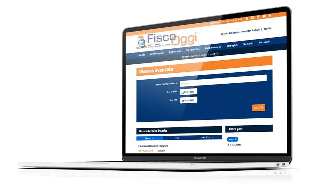 Laptop version of the FiscoOggi website, showing the advanced search page