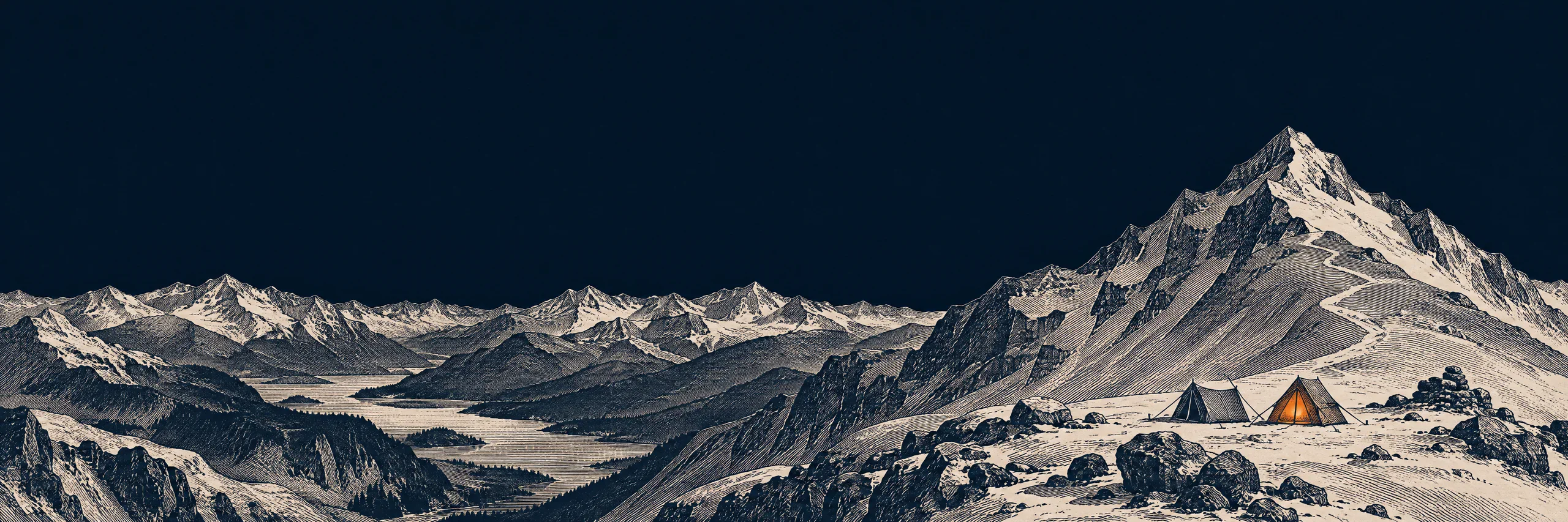 A base camp at the foot of the mountain, with a lit tent and the trail climbing towards the summit.