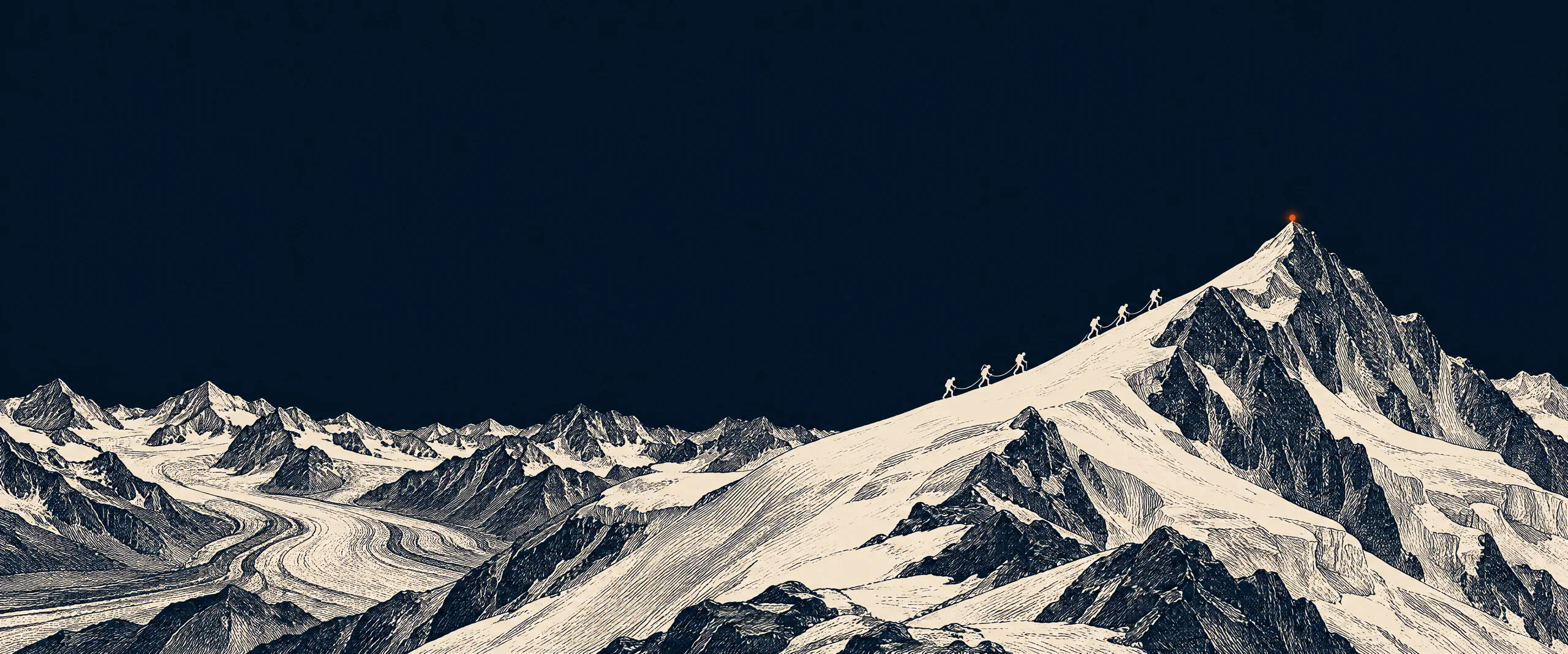 Six climbers in two rope teams of three climb the ridge towards the summit, where a small light shines: the six partners of SparkFabrik.