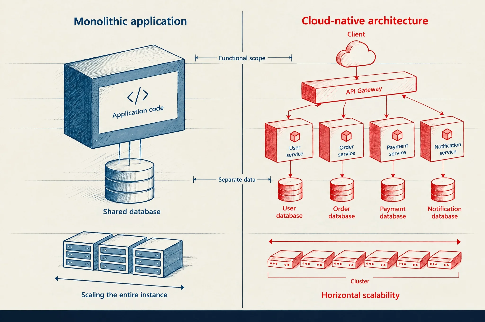 Comparison between legacy monolith and cloud-native architecture