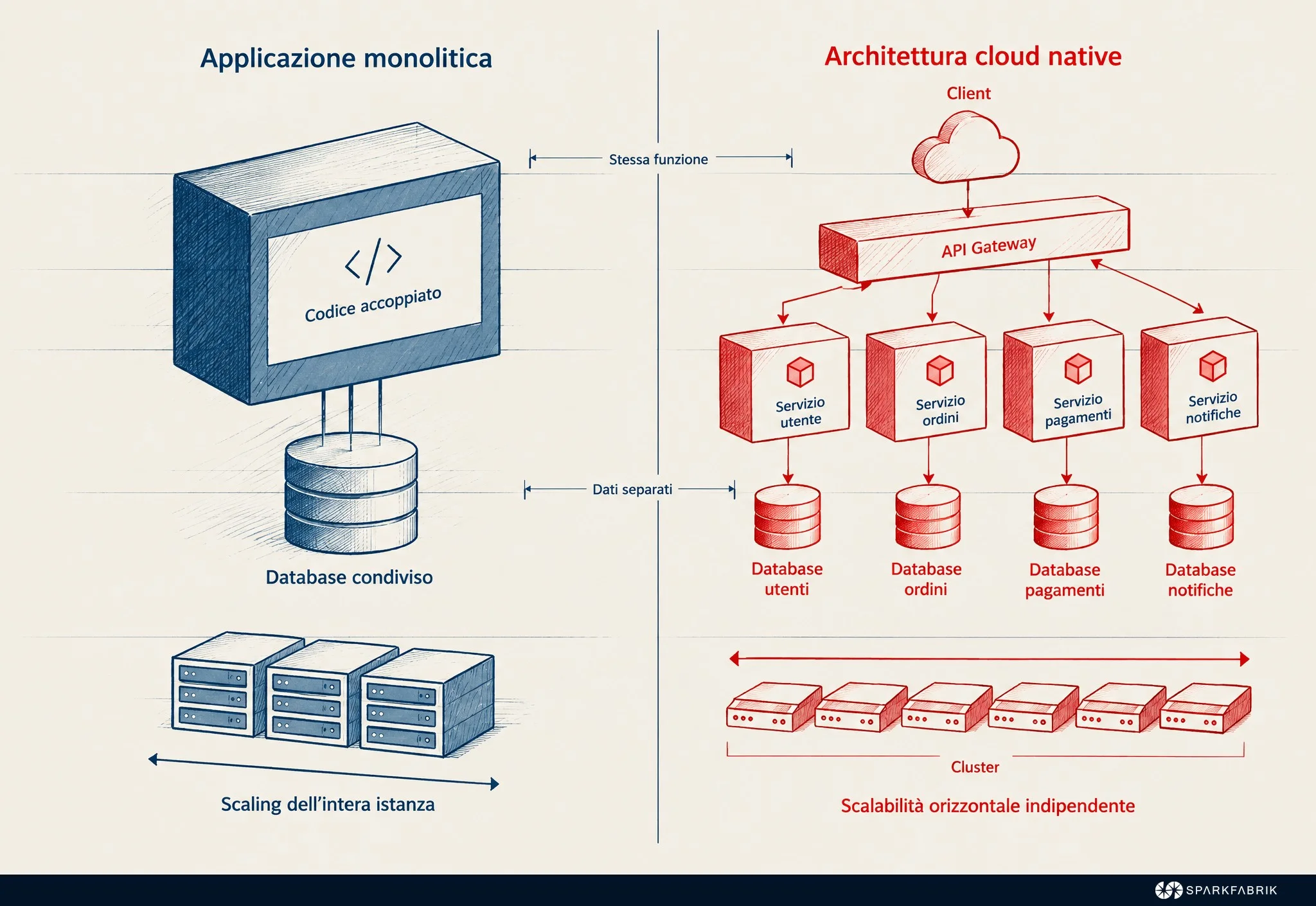 Confronto tra monolite legacy e architettura Cloud Native