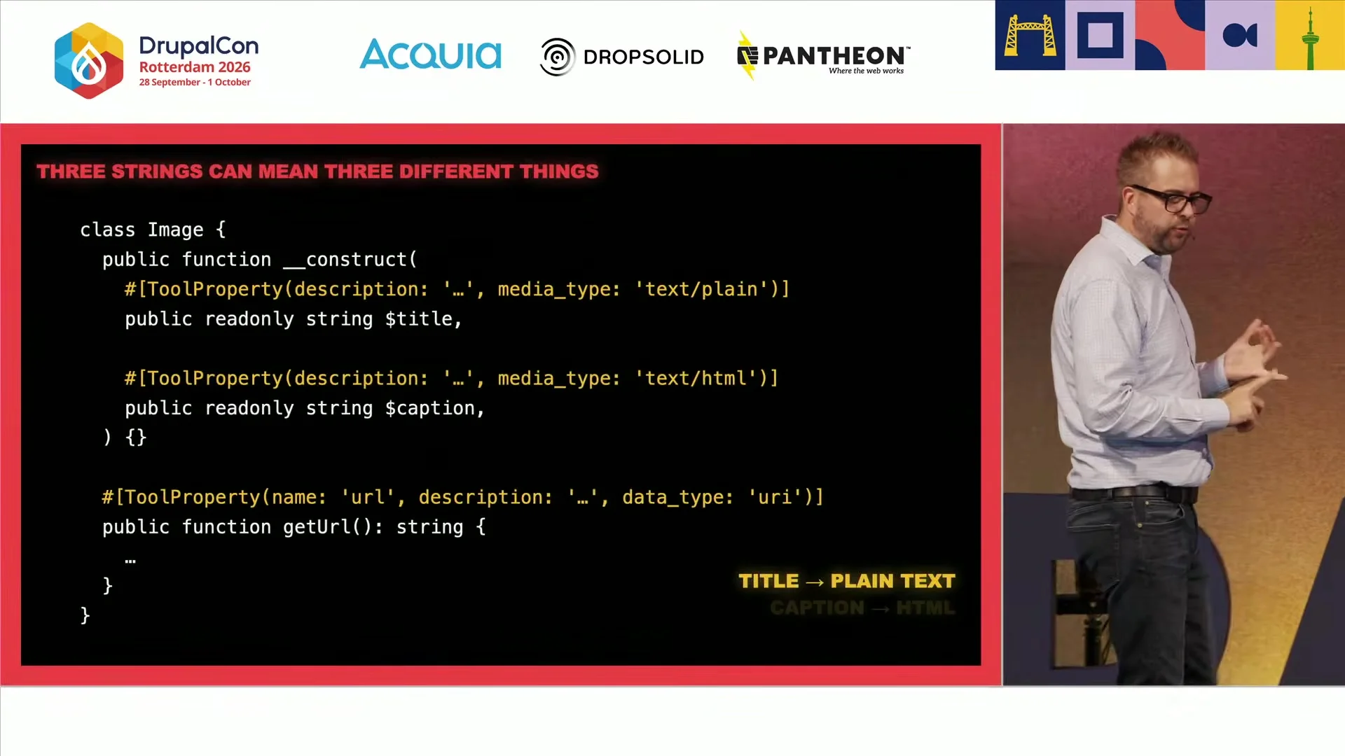 ToolProperty attributes on a PHP class declare the type of each data item: plain text, HTML, URI