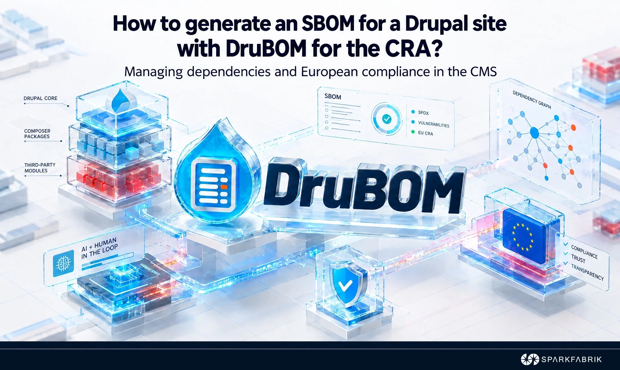 A futuristic graphic for DruBOM featuring text "How to generate an SBOM for a Drupal site with DruBOM for the CRA?" and technical UI elements.