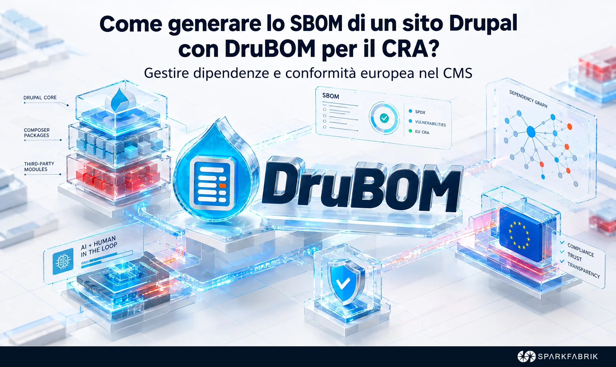 Grafica digitale con la scritta "DruBOM" tra blocchi tecnologici trasparenti, icone di sicurezza, la bandiera europea e grafici SBOM.