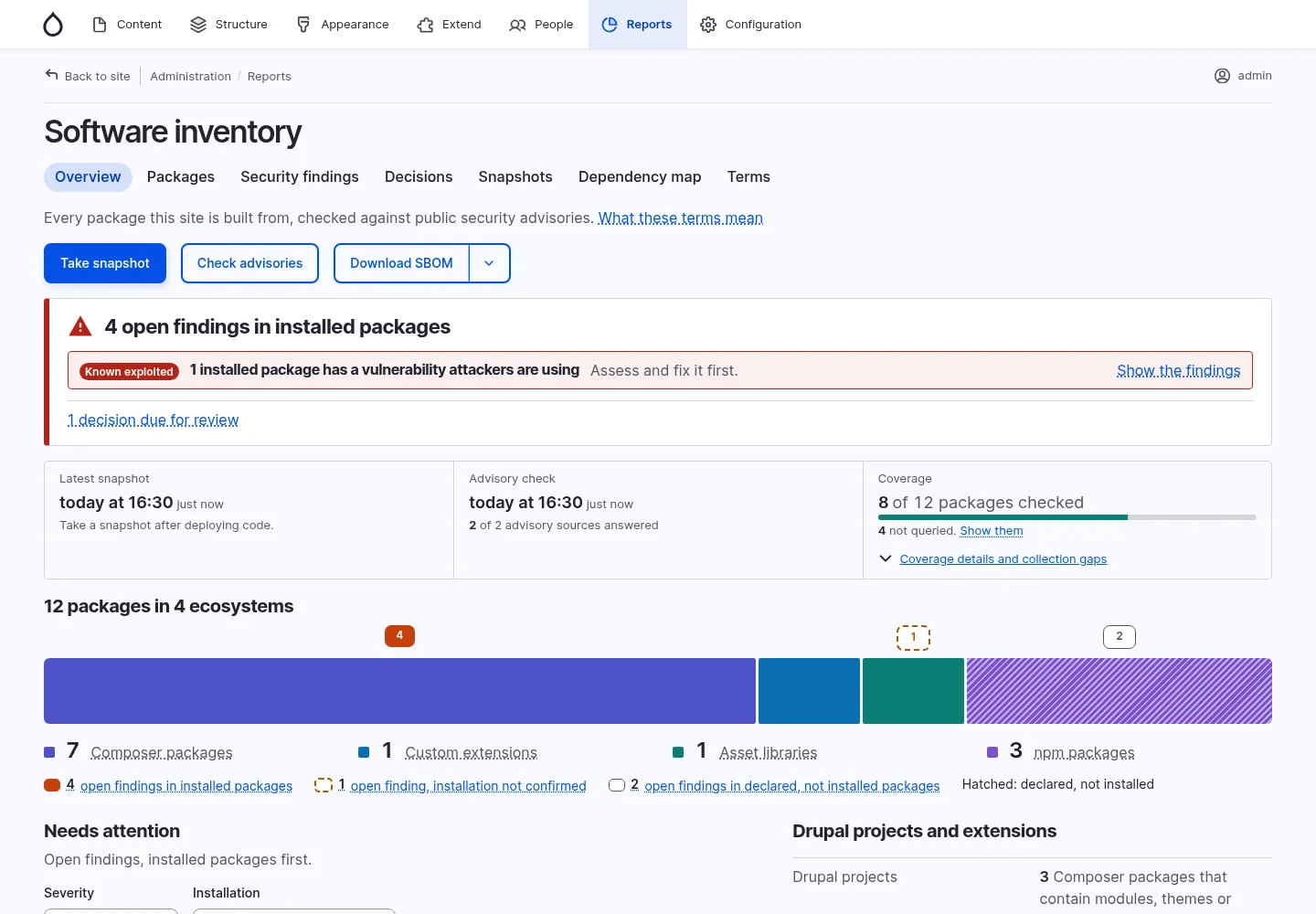 DruBOM Software inventory page: open findings in installed packages, a known exploited vulnerability alert, snapshot, advisory and coverage status, and packages grouped by ecosystem.