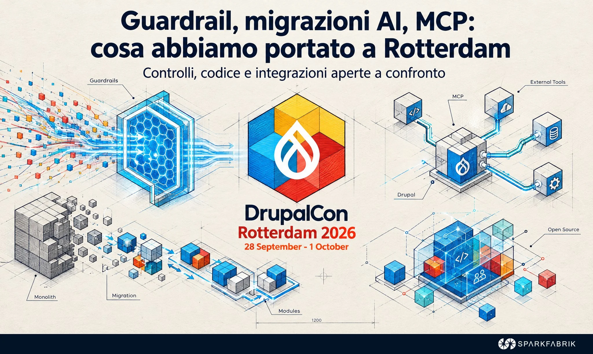Illustrazione tecnica con schemi su architettura Drupal, guardrail, MCP e la scritta "DrupalCon Rotterdam 2026" al centro.