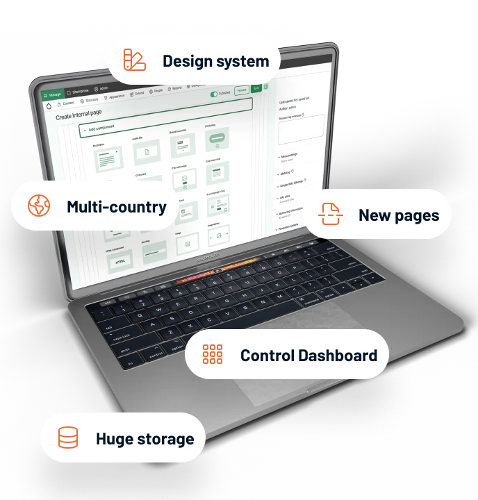 Laptop overlaid with balloons explaining backend features