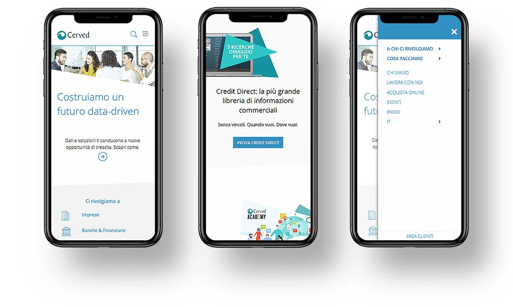 Immagine che mostra tre schermate dell'app mobile di Cerved