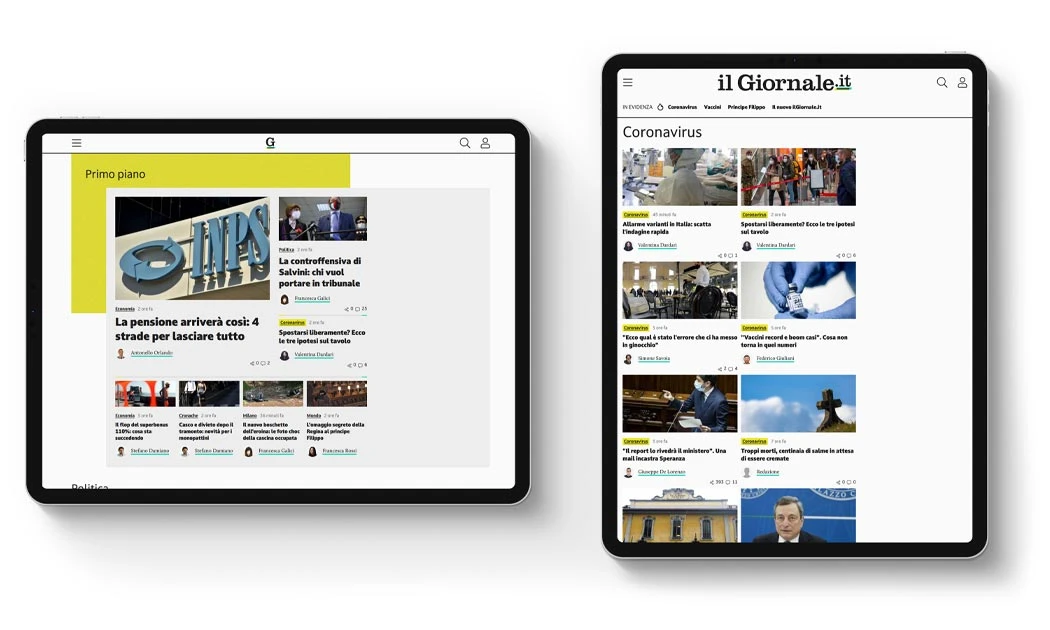 Homepage del sito Il Giornale visualizzata su un tablet in versione orizzontale e verticale