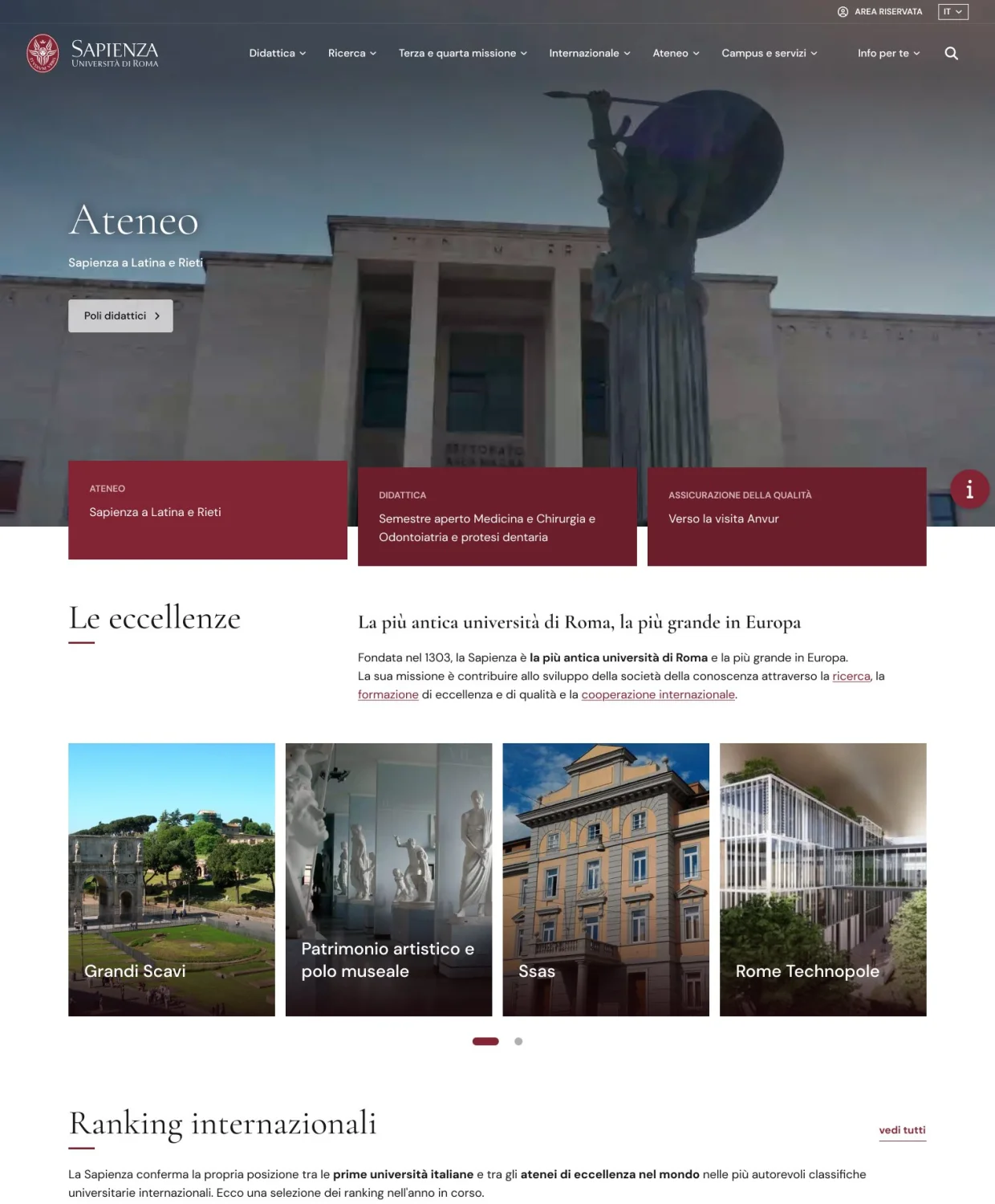 La nuova homepage di uniroma1.it, organizzata per fasce
