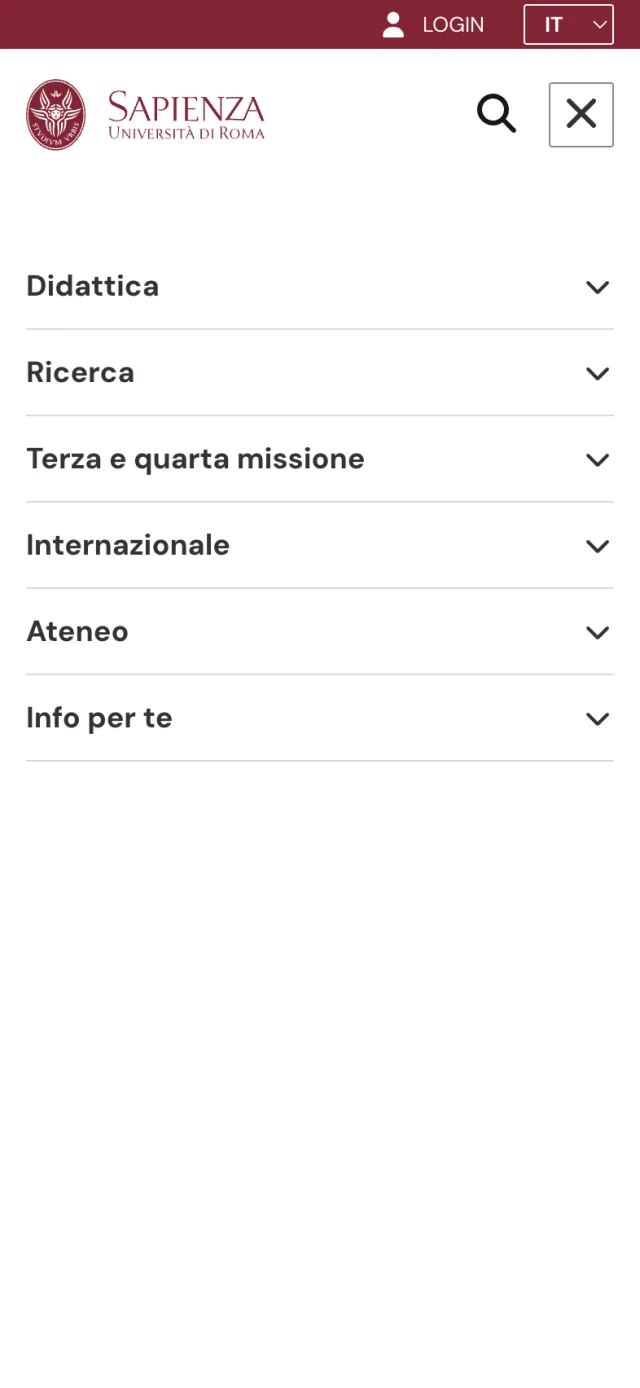 Il menù mobile di uniroma1.it, primo livello