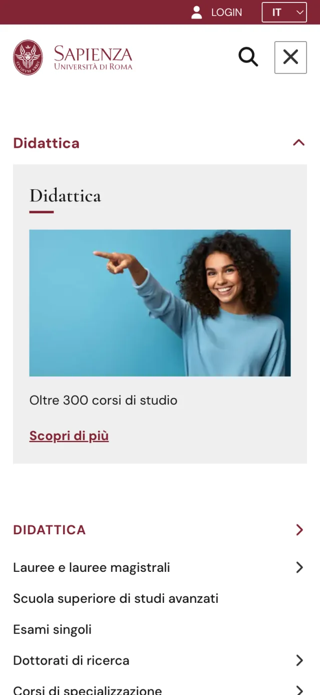 Il menù mobile di uniroma1.it, la voce Didattica espansa