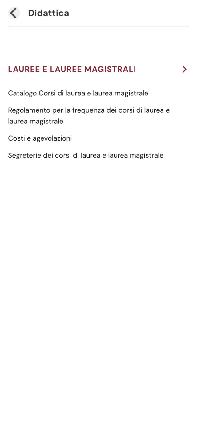 Il menù mobile di uniroma1.it, terzo livello