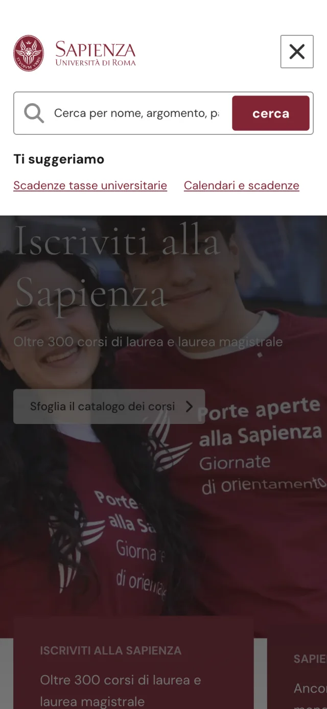 L'overlay di ricerca di uniroma1.it su mobile