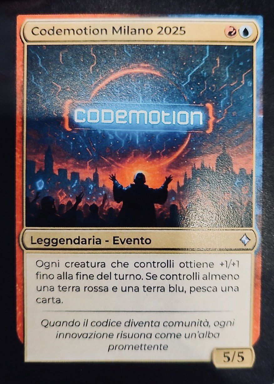 A fake Magic: The Gathering card showing the text 'Codemotion'