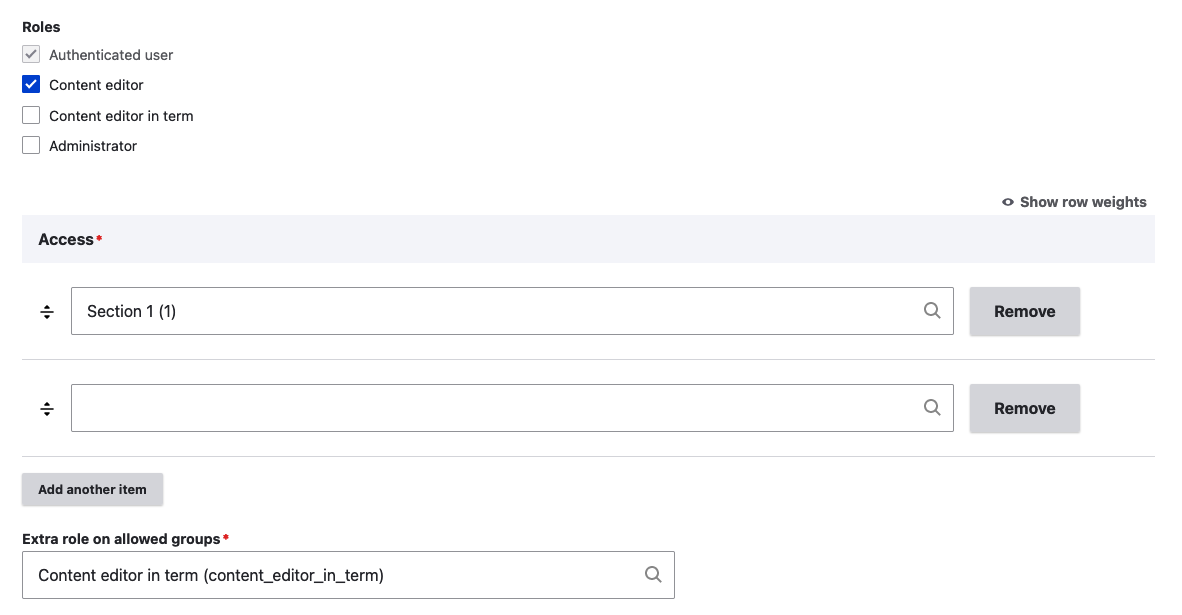 User roles configuration section