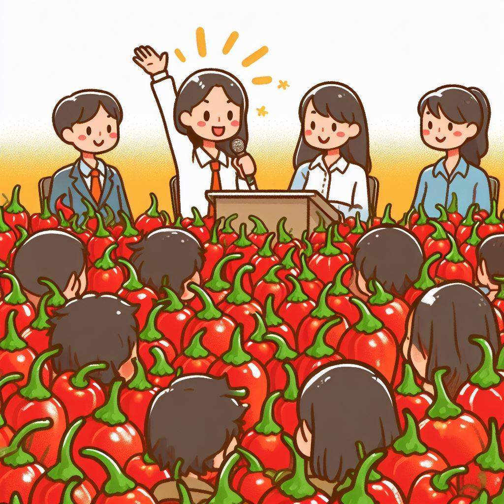A person speaking in front of a crowd of chilli peppers