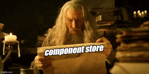 Gandalf confused reading a scroll with 'component store' written on it