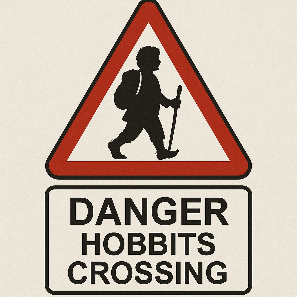 a danger road sign but inside of it is an hobbit silhouette and at the bottom the writing 'Danger hobbits crossing'