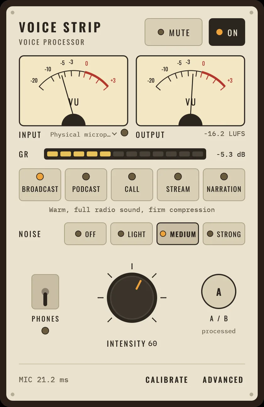 Il pannello di Voice Strip con i VU meter